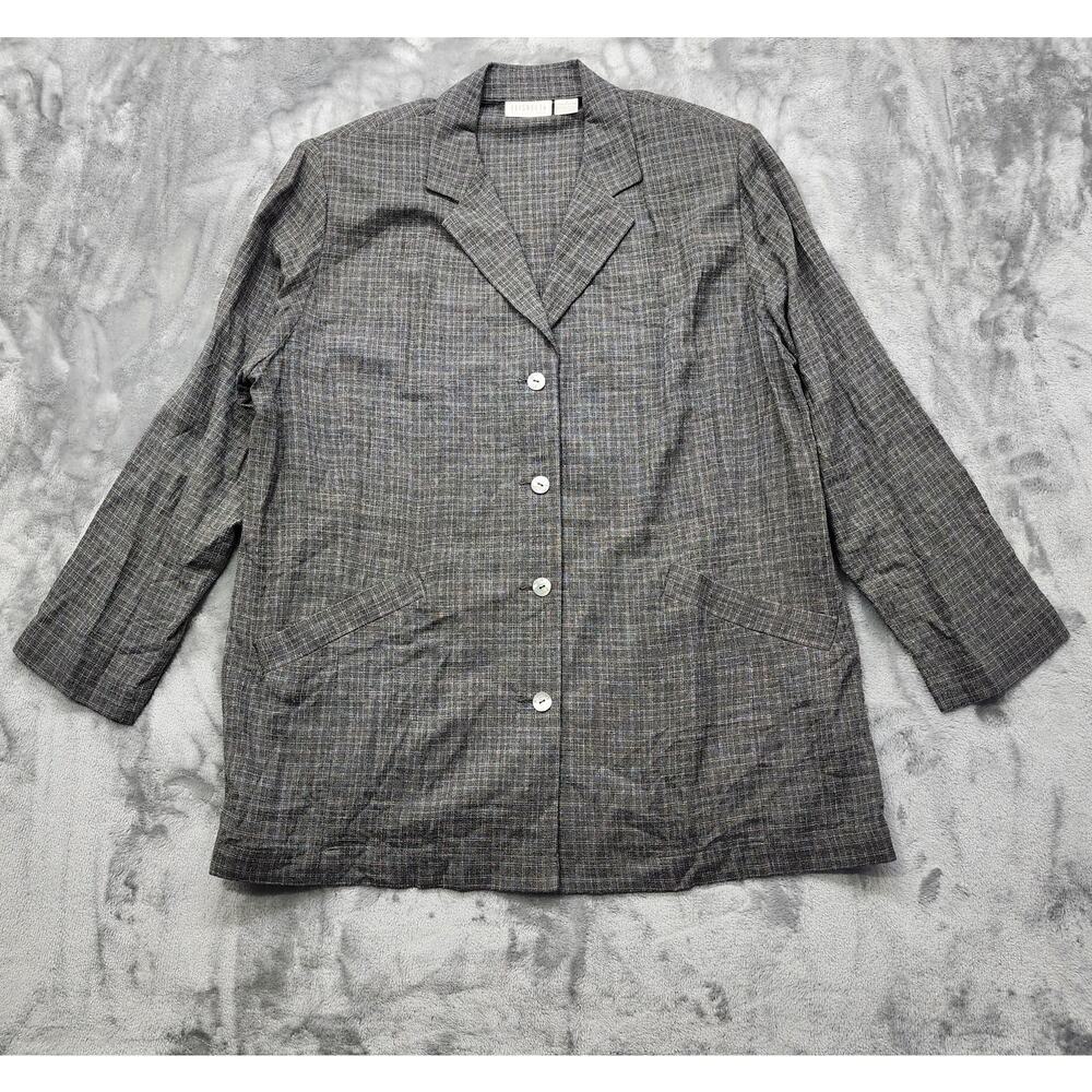 Vintage Elisabeth Liz Claiborne Jacket Womens 2 2X Gray White Plaid Rayon Casual